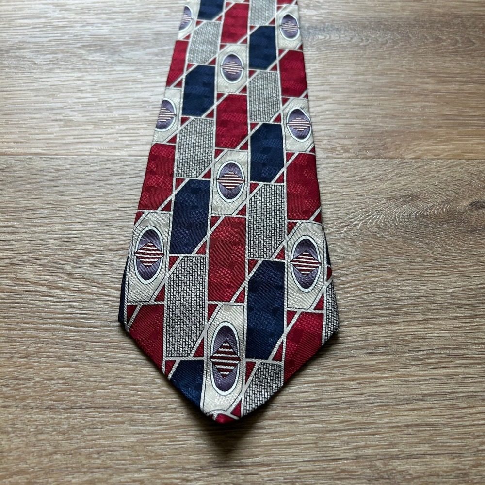 Oscar de la Renta Mens Silk Tie Red Blue Silver Geometric Abstract Made in USA